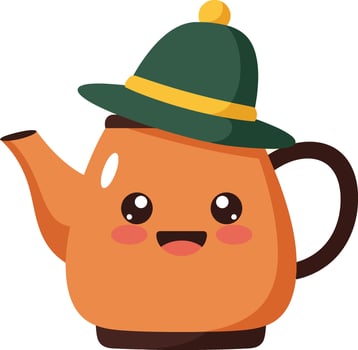 Cute orange teapot with green and yellow hat smiling cartoon illustration vector