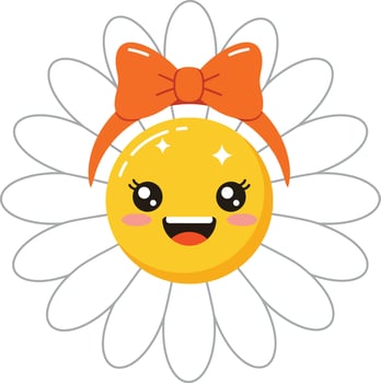 Cute smiling daisy flower with orange bow headband kawaii style illustration vector