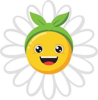 Smiling yellow emoji with green headband and daisy flower background cute cheerful illustration vector