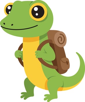 Cute green lizard cartoon character with backpack adventure and exploration theme illustration vector