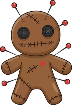 Voodoo doll with red pins and button eyes stitched on brown fabric for mystical and ritual illustration vector