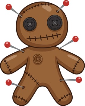 Voodoo doll with red pins and button eyes illustration in brown fabric style vector