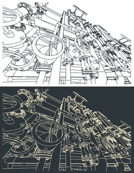 Valves and pipes closeup illustrations vector