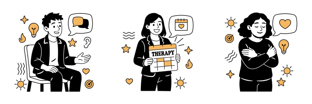 mental health therapy concepts, a man in counseling, a woman holding a therapy calendar, and a woman practicing self love and emotional care. vector