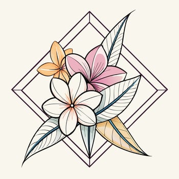 Tropical floral arrangement with plumeria flowers and leaves in geometric frame vector