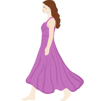 A flat illustration of a woman walking barefoot in a flowing purple dress, viewed from the side, with long brown hair and a calm expression. png