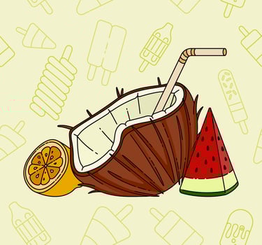 Fresh Coconut Water Infused with Citrusy Orange and Sweet Watermelon for the Ultimate Summer Beach Drink, Providing a Cool and Hydrating Experience by the Sea vector
