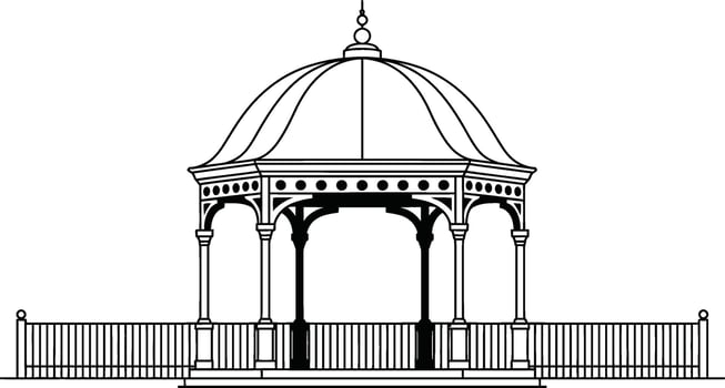 Black and white illustration of a classic gazebo with a decorative dome design perfect for outdoor events. vector