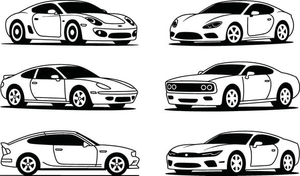 Set of six modern sports cars outlined in a black and white minimalistic style vector