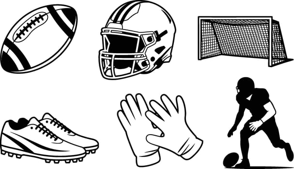 American football elements including gear player and goal post in black and white illustration vector