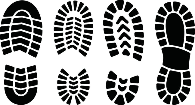 Collection of black shoe prints footprints shoe soles footwear designs graphic illustrations vector