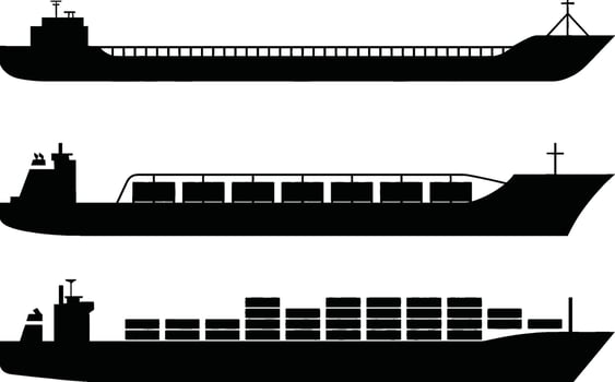 Three silhouetted cargo ships representing logistics transportation and global shipping industry vector