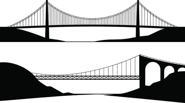 Two detailed black and white illustrations of different modern suspension bridges vector