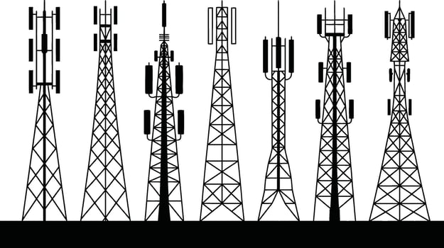 Collection of black and white silhouette illustrations depicting various communication towers and antennas vector
