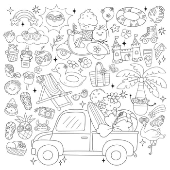 Disco Summer Vibes, Retro Vacation Doodle Cartoon Style Hand Drawn Elements Outline Coloring Page vector