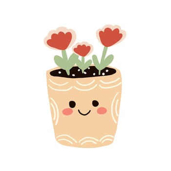 Cute hand-drawn smiling beige flowerpot with red flowers vector