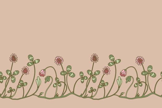 Botanical floral seamless border isolated on beige background. Hand drawn doodle clover plant with pink Flowers Stems green Leaves illustration. Graphic design element for Birthday Wedding Card vector