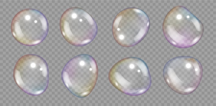 Soap bubbles. 3D realistic soapy air transparent iridescent spheres, bath foam texture elements in rainbow color. Water bubble with reflection isolated set vector