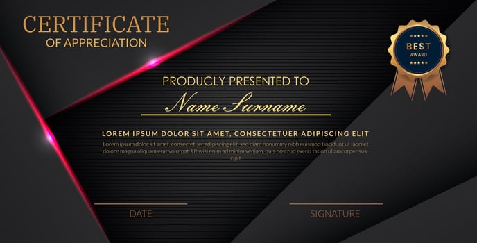Creative certificate of appreciation best award template with abstract black pink light background, Use for print, certificate, diploma, graduation... vector