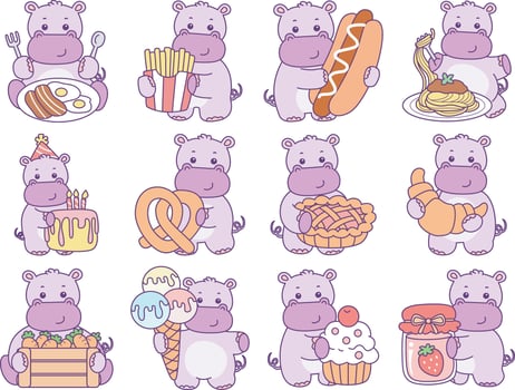 Baby hippo in the variation of food and snack. Cute hippo icon. Funny baby hippo animal series stock illustration. life of fluffy hippo designs. vector