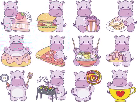 Baby hippo in the variation of street food and dessert. Cute hippo icon. Funny baby hippo animal series stock illustration. life of fluffy hippo designs. vector