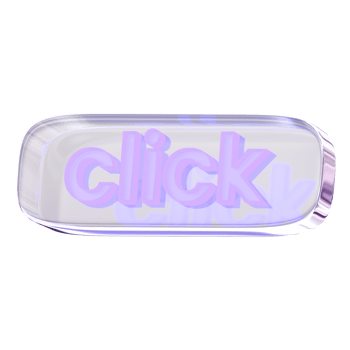 3d Rendering Purple Click Button with glossy, reflective surface.. Dispersed glass. Neon sign text. Holographic object in Y2K style. Decorative element for social media png