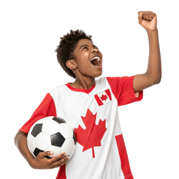 Excited young athlete celebrates with soccer ball, showcasing pride for Canada as they cheer for 2026 World Cup png