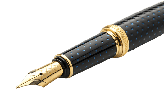 Close up of a luxurious fountain pen with golden nib and intricate design for elegant writing tool png