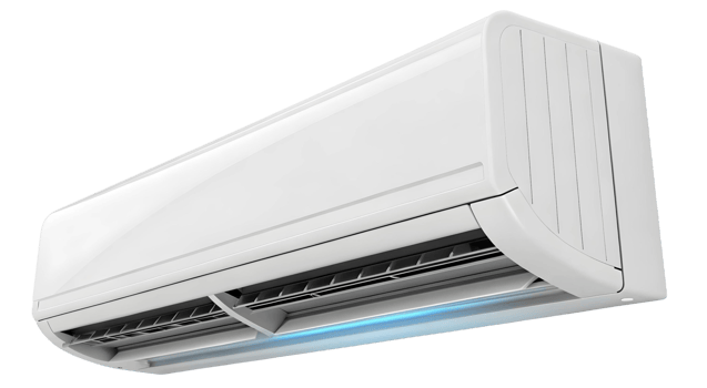 A close up shot of a white air conditioner mounted on a wall with a transparent background indoors png