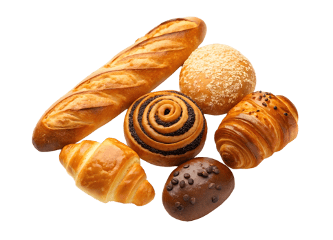 Assortment of freshly baked pastries including croissant baguette and sweet rolls on a transparent background png