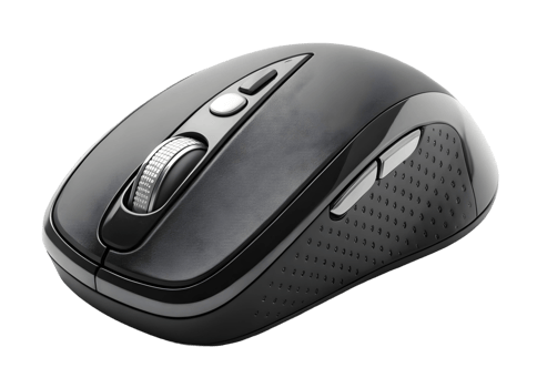 Close up of a black wireless computer mouse with silver scroll wheel on a transparent background png