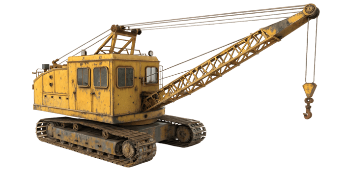 yellow crane with boom and hook on tracks ready for construction and heavy lifting work site png