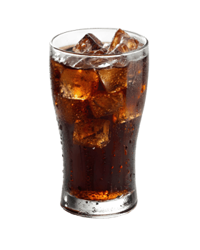 Refreshing cola beverage with ice cubes in a clear glass on a plain transparent background png