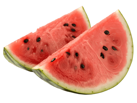 Two watermelon slices with black seeds isolated on a transparent background close up studio shot fresh fruit png