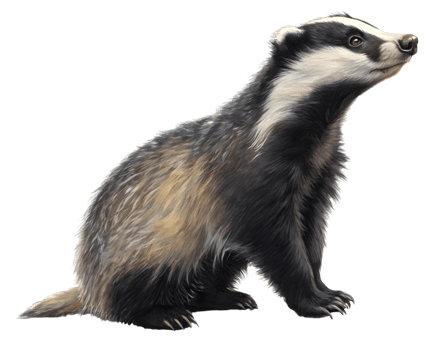 A european badger sitting upright looking up with a transparent background png