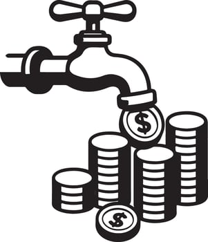 A black and white illustration of a tap with coins vector