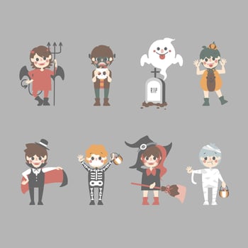 happy halloween holiday festival with collection set of boy and girl wearing halloween costume vector