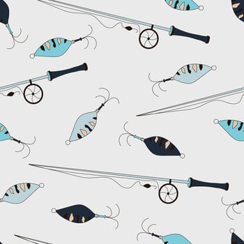 Seamless pattern with doodle fishing rod with reel, fishing line, hook, bait. Angler equipment, fish catching tool, spinner vector