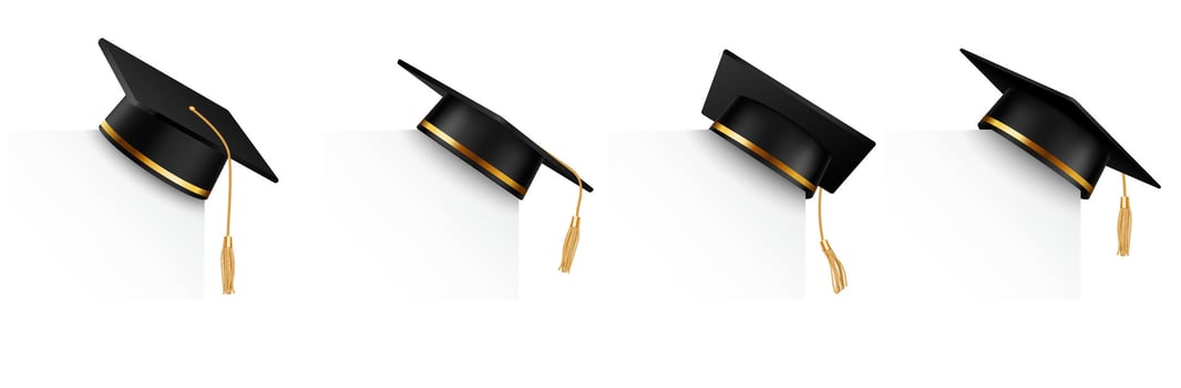 Graduation University cap set on white corner background. Black 3d ceremony hat with paper banner. vector