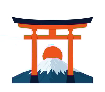 Logo with big red sun, symbol of Japan, Fujiyama mountain and sacred torii gates vector