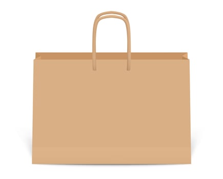 Realistic brown paper shopping bag with handles standing on a white background, representing retail, consumerism, and eco friendly packaging vector