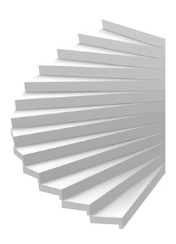 Minimalist white spiral staircase rising against a pure white background, symbolizing growth, development, and the upward journey toward success and achievement in life and career vector