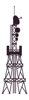 Silhouette of a telecommunication tower with multiple satellite dishes and antennas, transmitting data wirelessly, ensuring communication coverage over a wide area vector