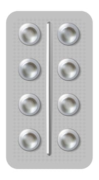 Silver medicine blister pack containing eight round pills arranged in two rows, isolated on white background, healthcare and medical concept vector