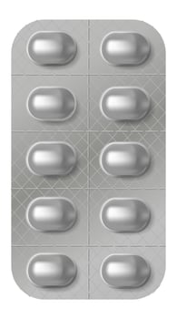 Silver blister pack containing ten oval tablets, arranged in two rows of five, resting on a white background, representing pharmaceutical products, medicine, and healthcare vector