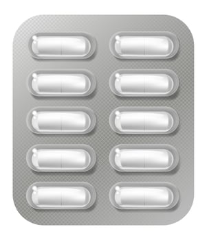 Blister pack containing ten white capsule shaped pills, lying on a gray background with a checkered pattern, provides a sterile and organized presentation of medication vector