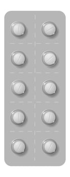 Blister pack containing ten round white pills arranged in two rows of five, encased in a sealed gray plastic packaging, designed for individual dispensing and safe storage of medication vector