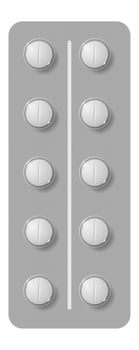 Blister pack containing ten round white pills neatly arranged in two rows of five, set against a gray background, emphasizing pharmaceutical packaging and medication dispensing vector