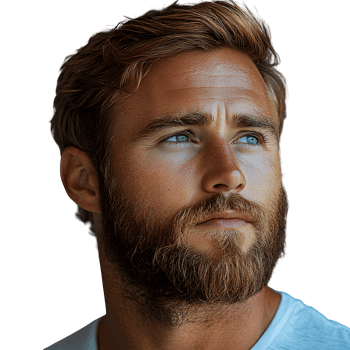 Handsome Man with Blonde Hair and Beard Gazing Upward Against Transparent Background png