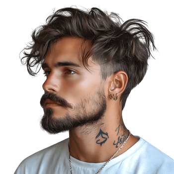Stylish Man with Wavy Hair Beard and Neck Tattoo Profile Portrait png